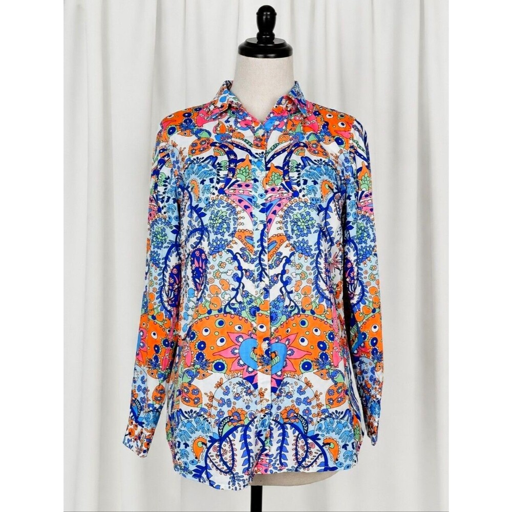 J. McLaughlin Colorful Peacock Garden Print Cotton Button Front Chic Lois Blouse